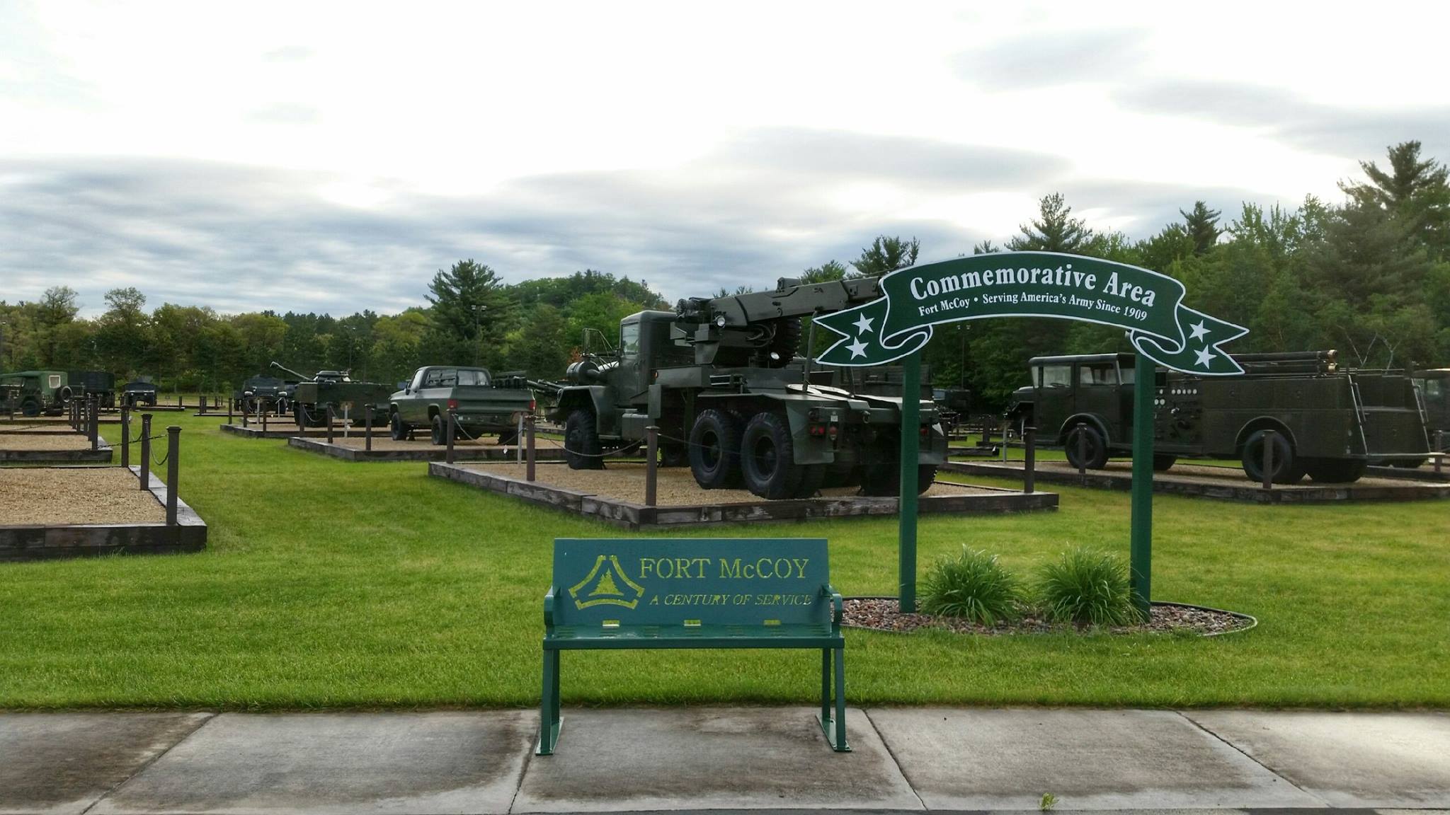 Commorative Area featuring several US Army vehicles on display at Fort McCoy's Historical Center